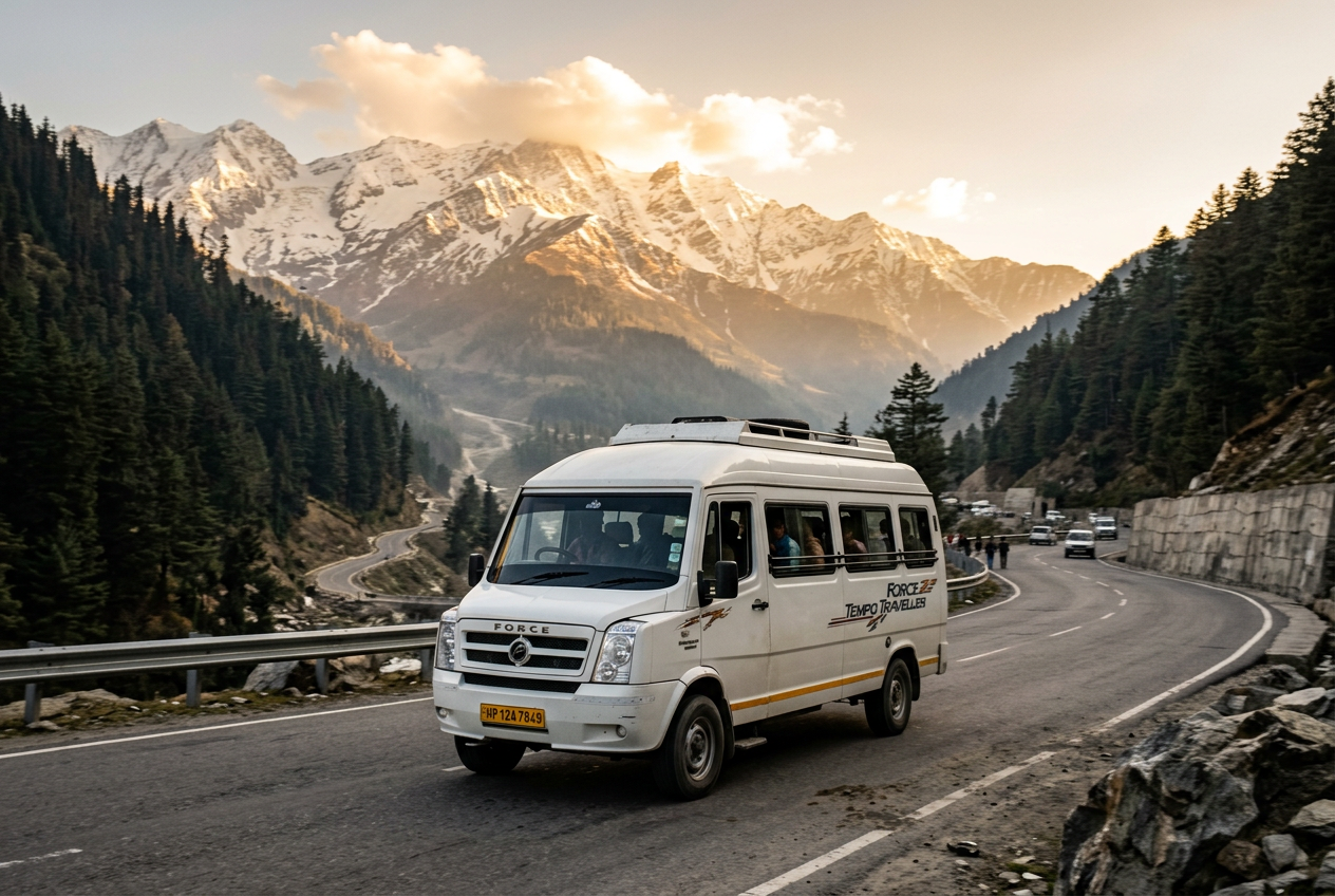 Premium tempo traveller on Himalayan highway at sunset